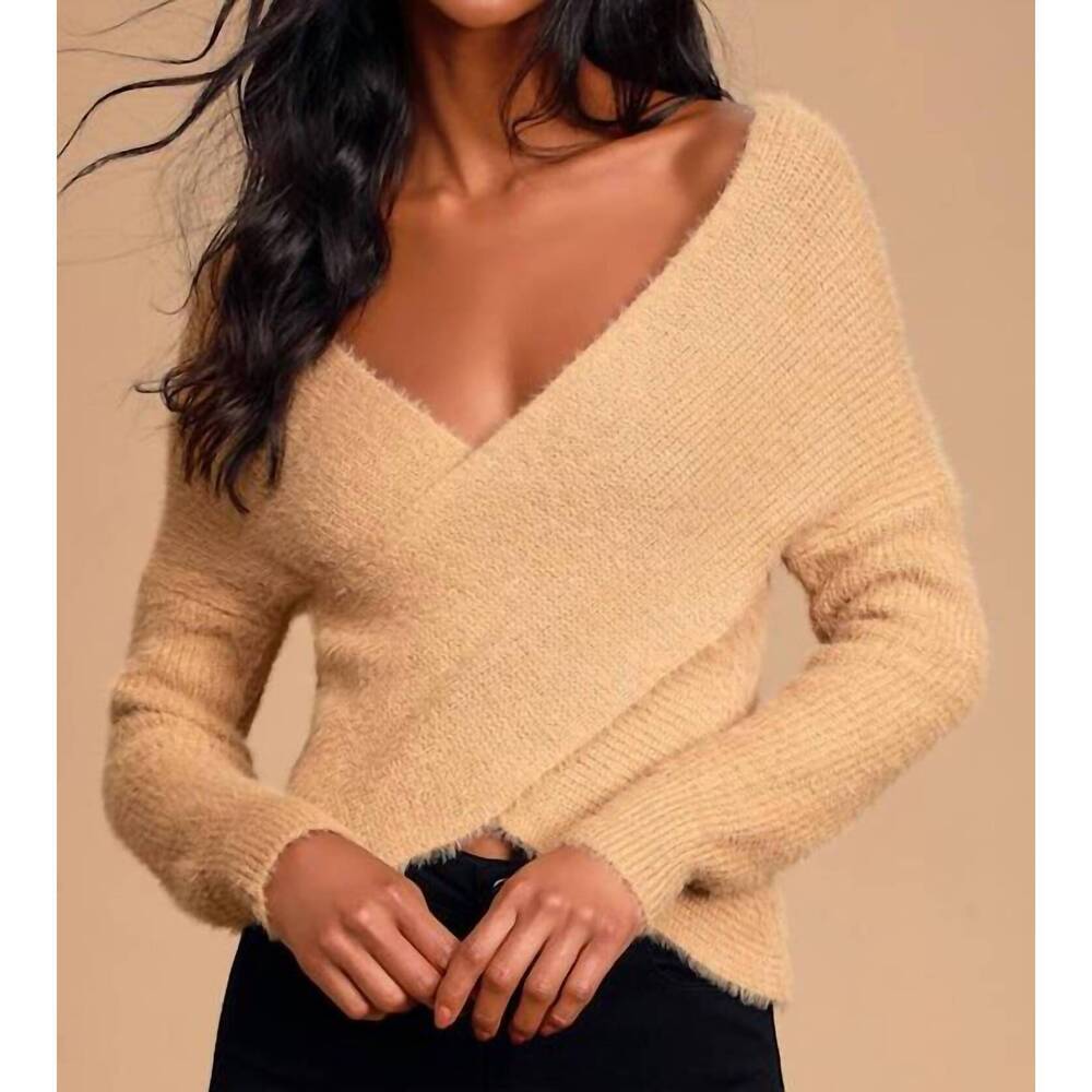 NEW SAGE THE LABEL marah eyelash knit cross front sweater in tan